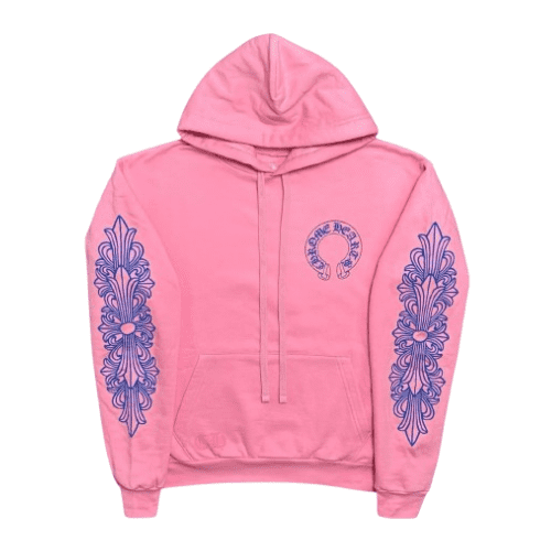 Chrome Hearts Pink Hoodie With Blue Cross Sleeve Graphics