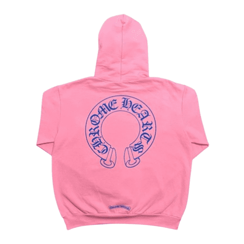 Chrome Hearts Pink Hoodie With Blue Cross Sleeve Graphics