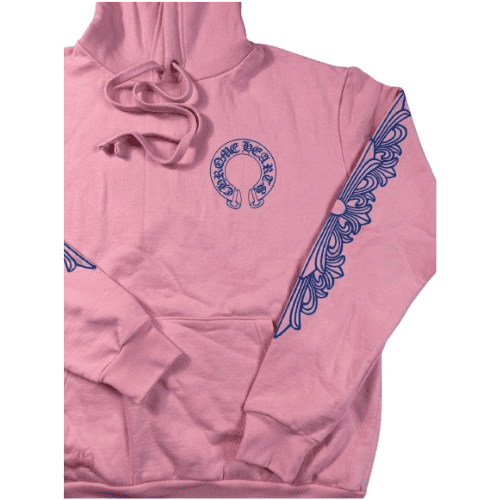 Chrome Hearts Pink Hoodie With Blue Cross Sleeve Graphics